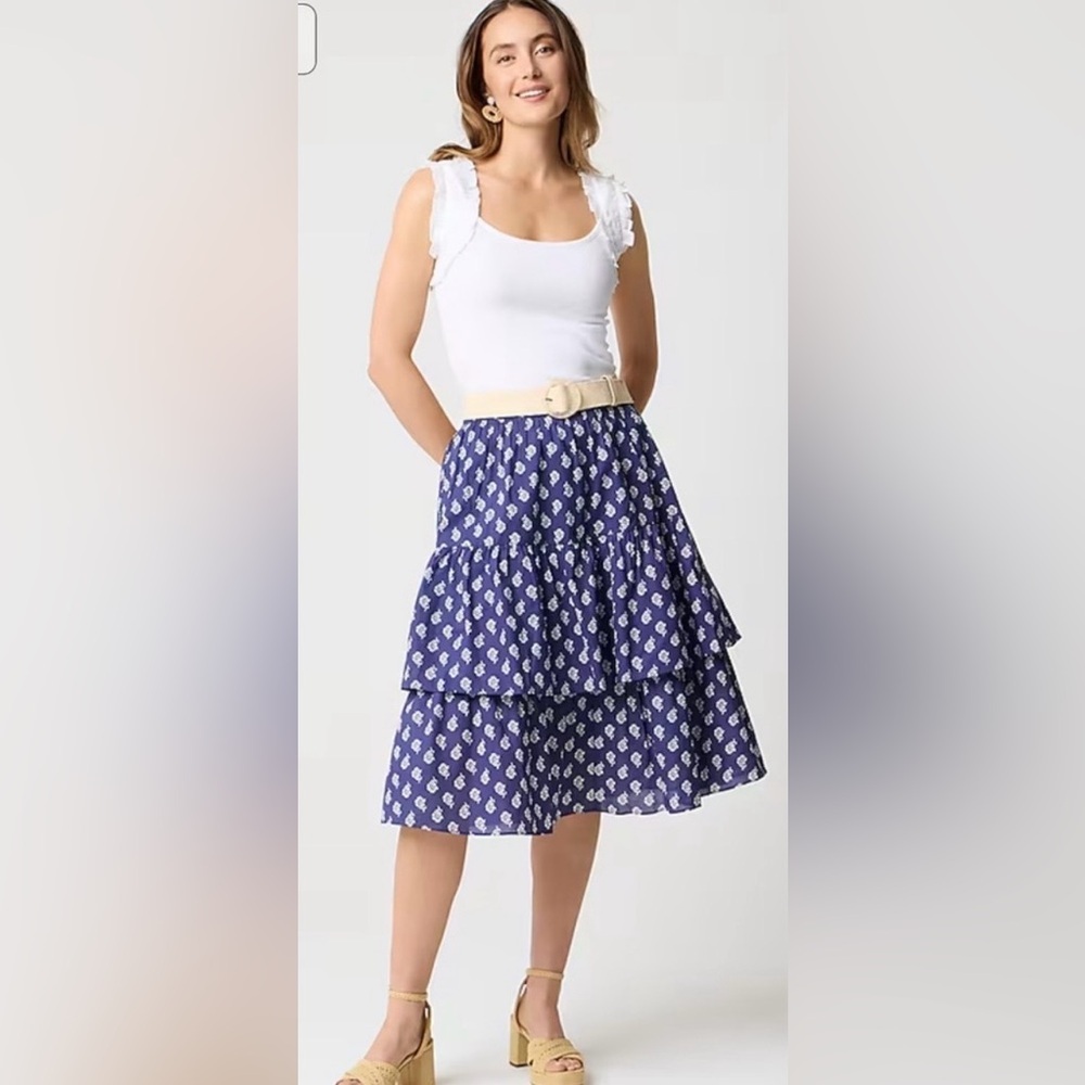 J. Crew NWT Navy Floral Tiered A-Line Skirt Riverbed Blue White Sz M Midi Ruffle